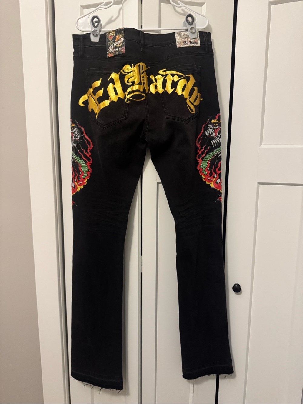Ed Hardy Stacked Bootcut Jeans Men 34 Dragon Graphic Y2K Cyber Grunge Tattoo